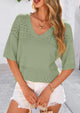 Short Sleeved Casual V-Neck Knitted Small Eye Shirt