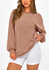 Long Sleeve Casual Loose Crew Neck Ribbed Blouse