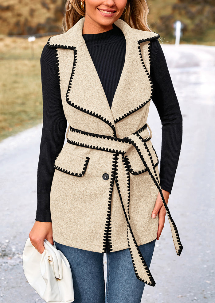 Tweed Sleeveless Lapel Button Front Belt Color Block Vest Jackets