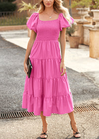 Casual Short Sleeved Square Neck Layered Pleated Dress