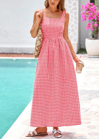 Spaghetti Strap  Plaid Square Neck A Line Smocked Casual Vacation Maxi Dresses