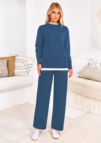 PRETTYGARDEN Two Piece Matching Sweater Lounge Sets Knit Long Sleeve Pullover Tops Wide Leg Pants