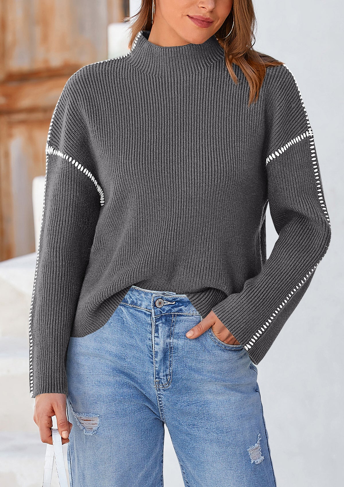 Chunky Knit  Casual Long Sleeve Mock Neck Oversized Loose Sweaters