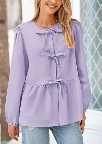 PRETTYGARDEN Women's Spring Fall Babydoll Peplum Blouse Shirt Puff Long Sleeve Bow Tie Front Trendy Cute Y2K Going Out Tops