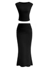 PRETTYGARDEN 2 Piece Sets Going Out Casual Cap Sleeve Crop Tops Ruched Maxi Long Skirts Outfits