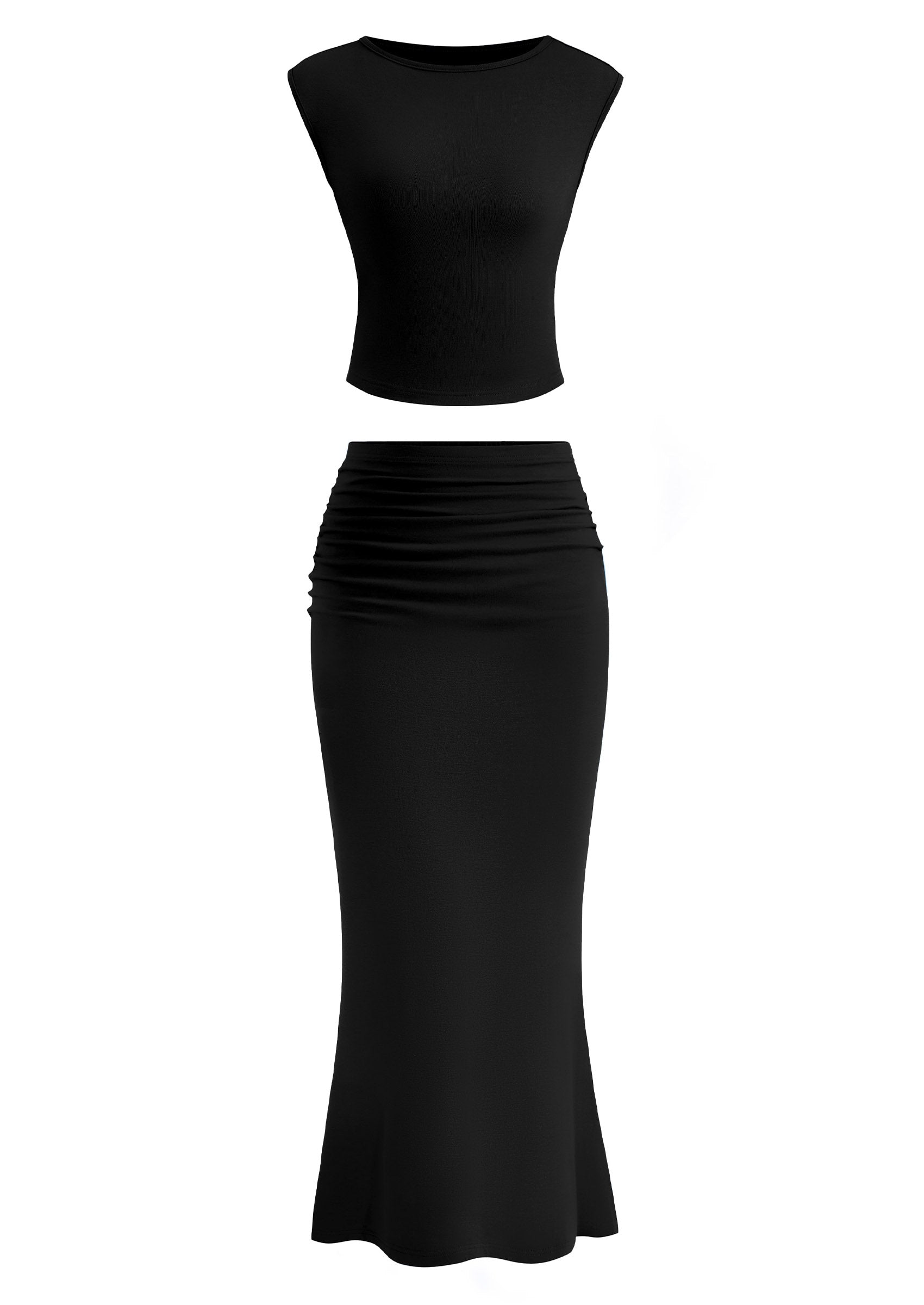 PRETTYGARDEN 2 Piece Sets Going Out Casual Cap Sleeve Crop Tops Ruched Maxi Long Skirts Outfits