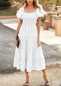 Casual Short Sleeved Square Neck Layered Pleated Dress