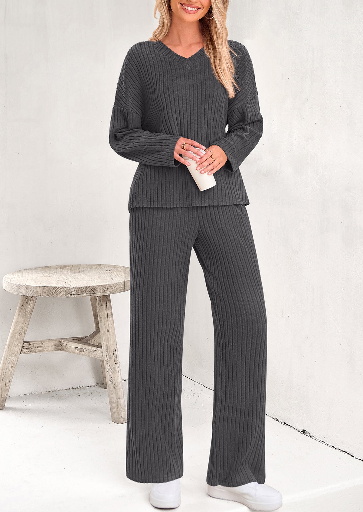 Knitted Long Sleeved V-Neck Pullover, Wide Leg Long Pants Two-Piece Set