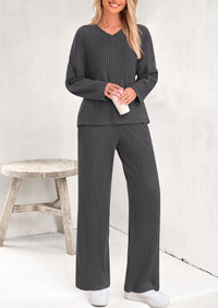 Knitted Long Sleeved V-Neck Pullover, Wide Leg Long Pants Two-Piece Set