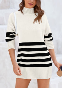 Striped Turtleneck Long Sleeve Loose Fit Chunky Knit Casual Mini Sweater Dresses