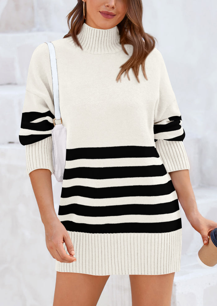 Striped Turtleneck Long Sleeve Loose Fit Chunky Knit Casual Mini Sweater Dresses