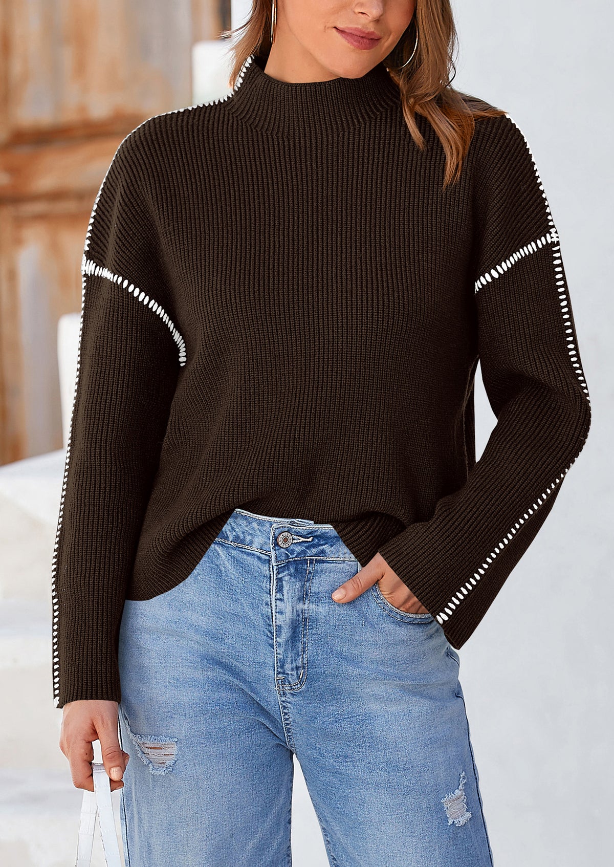 Chunky Knit  Casual Long Sleeve Mock Neck Oversized Loose Sweaters