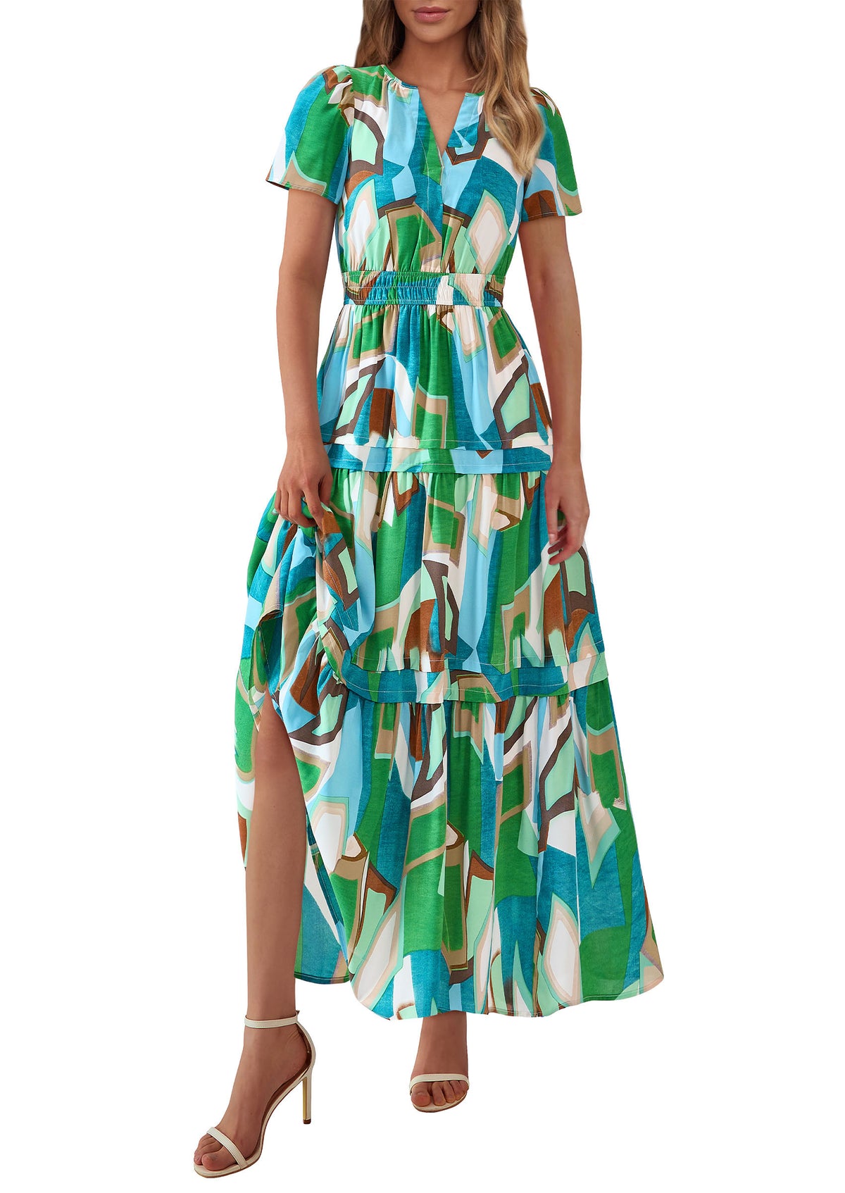 Boho Floral Short Sleeve V Neck A Line Tiered Ruffle Flowy Long Beach Vacation Maxi Dresses