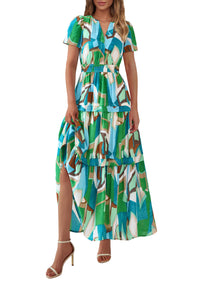 Boho Floral Short Sleeve V Neck A Line Tiered Ruffle Flowy Long Beach Vacation Maxi Dresses