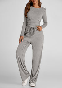 Long Sleeve Crop Tee Wide Leg Pants Two Piece Sets