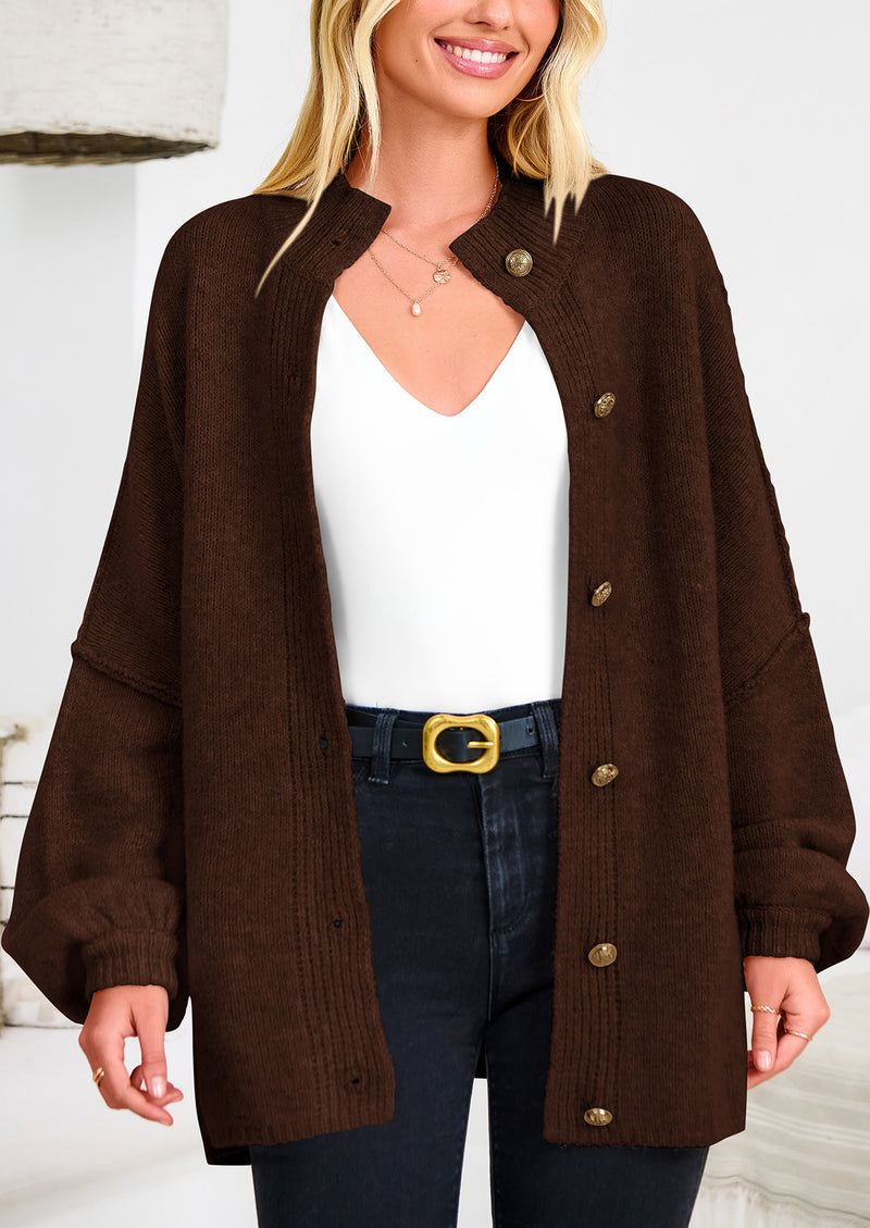 PRETTYGARDEN Women's Winter Button Down Cardigan Sweaters Mock Neck Lantern Long Sleeve Chunky Knit Jacket Trendy Outerwear