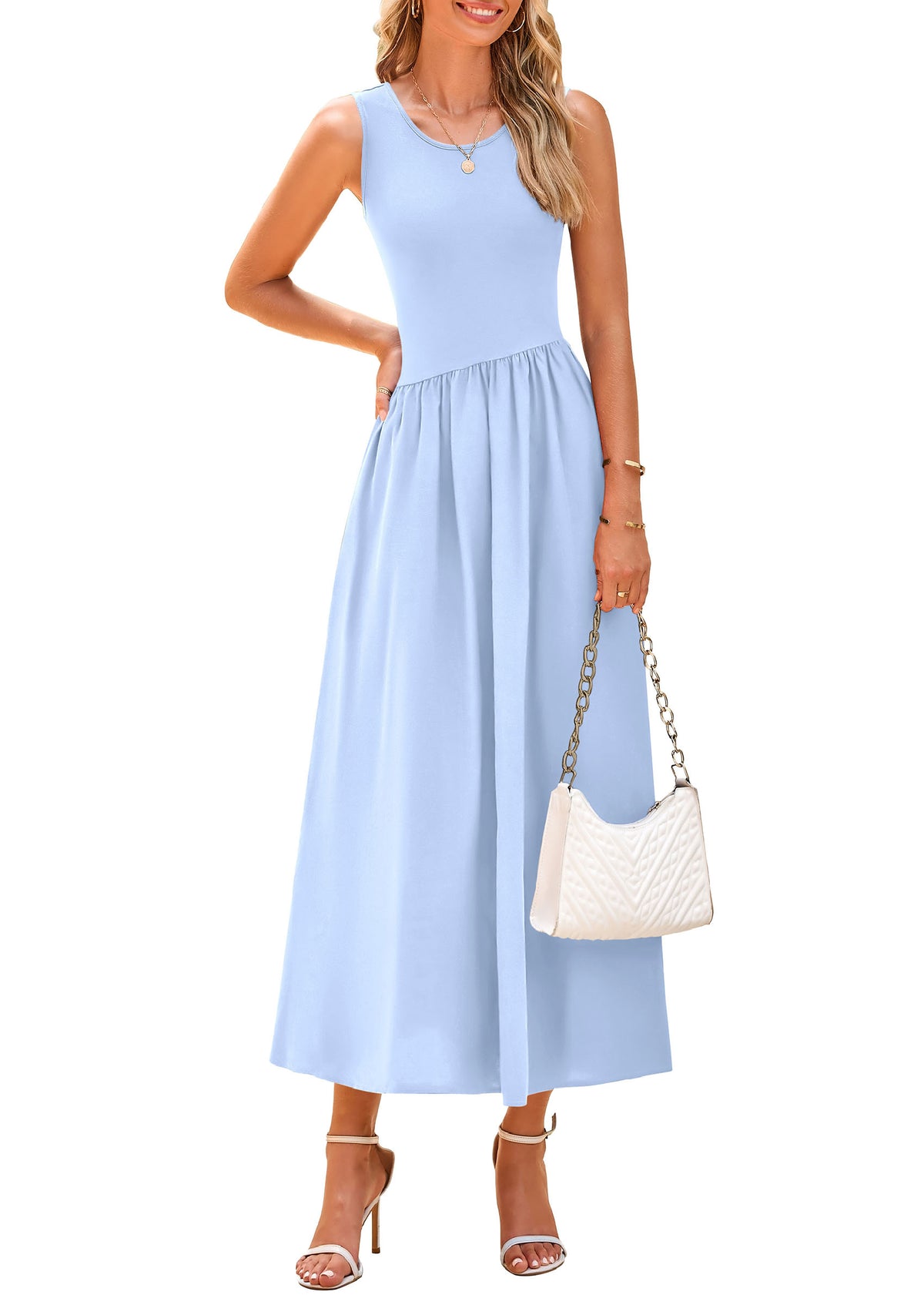Casual Sleeveless Striped Ribbed Knit Long Dresses Beach Vacation Sundress