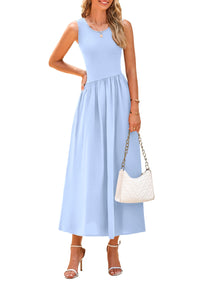 Casual Sleeveless Striped Ribbed Knit Long Dresses Beach Vacation Sundress