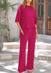 Short Sleeve Pullover Tops And Wide Leg Pants Two Piece Sets