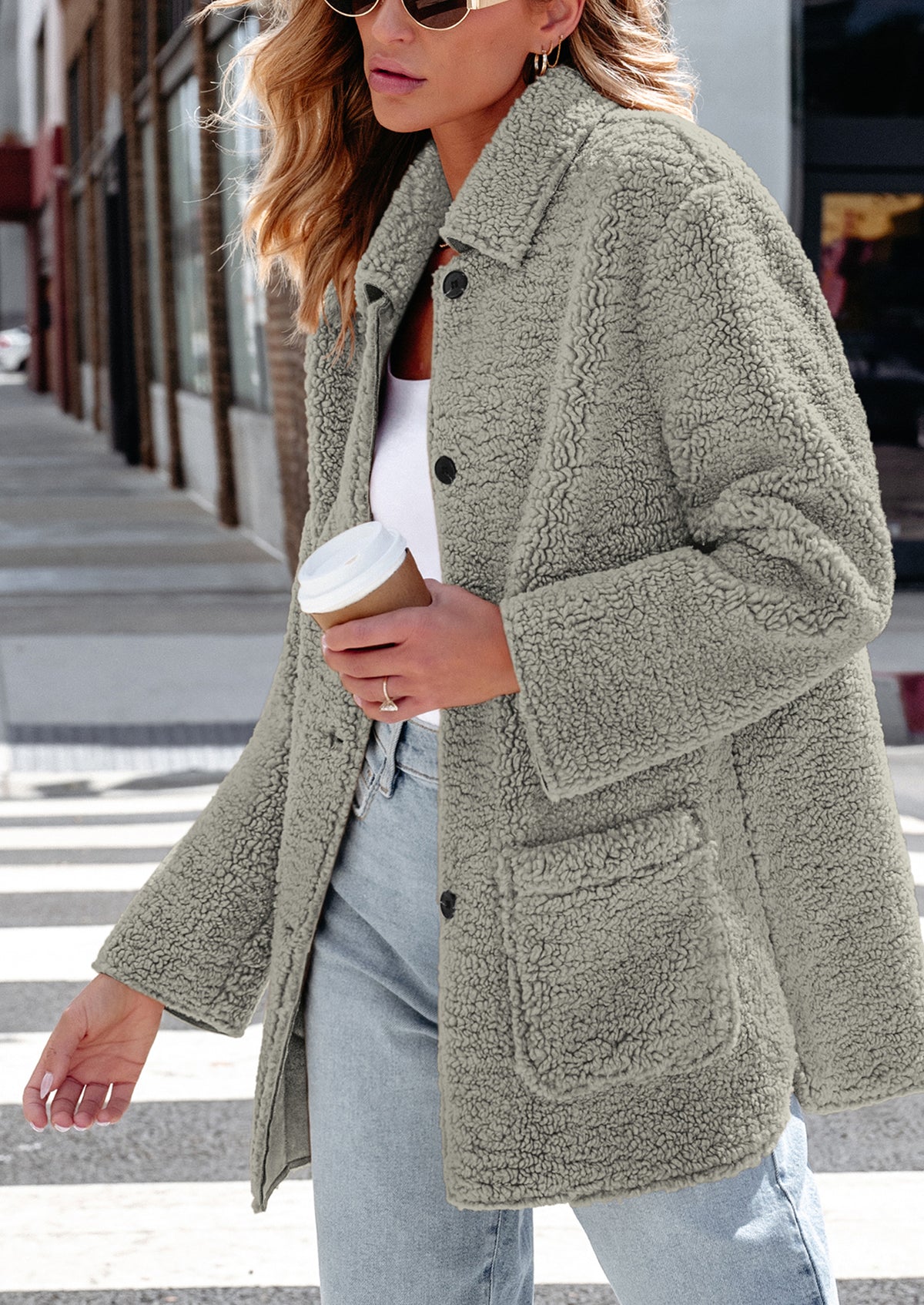 Long Sleeve Lapel Button Down Pockets Fleece Faux Fur Coats