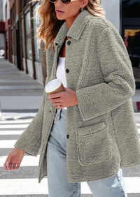 Long Sleeve Lapel Button Down Pockets Fleece Faux Fur Coats