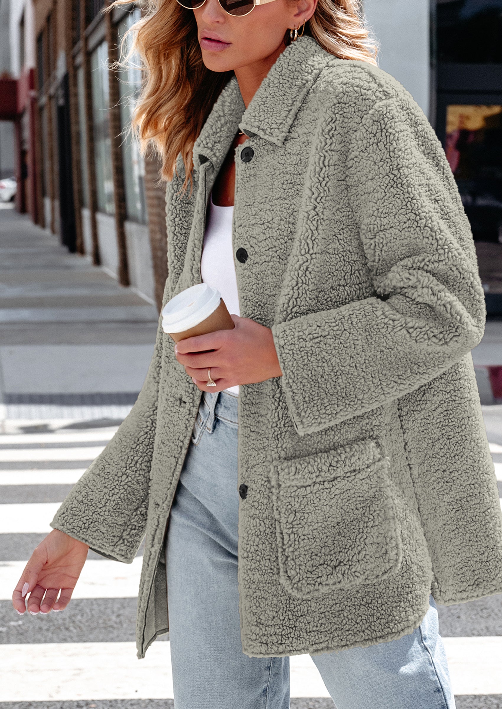 PRETTYGARDEN Women's Winter Faux Fur Coats Long Sleeve Lapel Button Down Pockets Fleece Sherpa Jacket Casual Trendy Outerwear