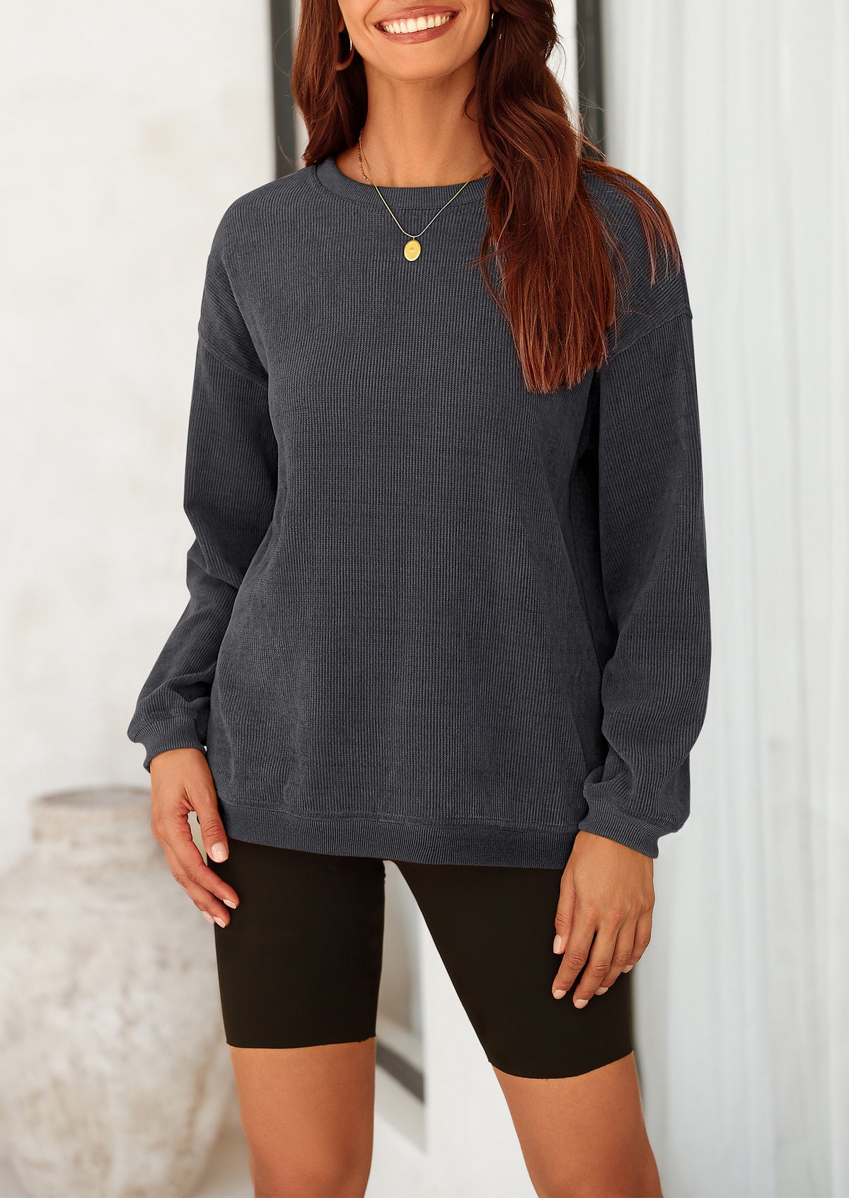 Ribbed Corduroy Crew Neck Long Sleeve Loose Fit Casual Oversized Sweatshirt