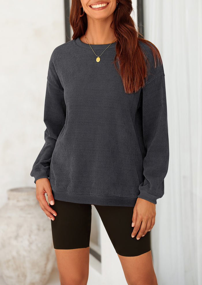 Ribbed Corduroy Crew Neck Long Sleeve Loose Fit Casual Oversized Sweatshirt