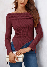 Long Sleeve Y2K Crop Top Off Shoulder Asymmetrical Fitted Knit Blouses