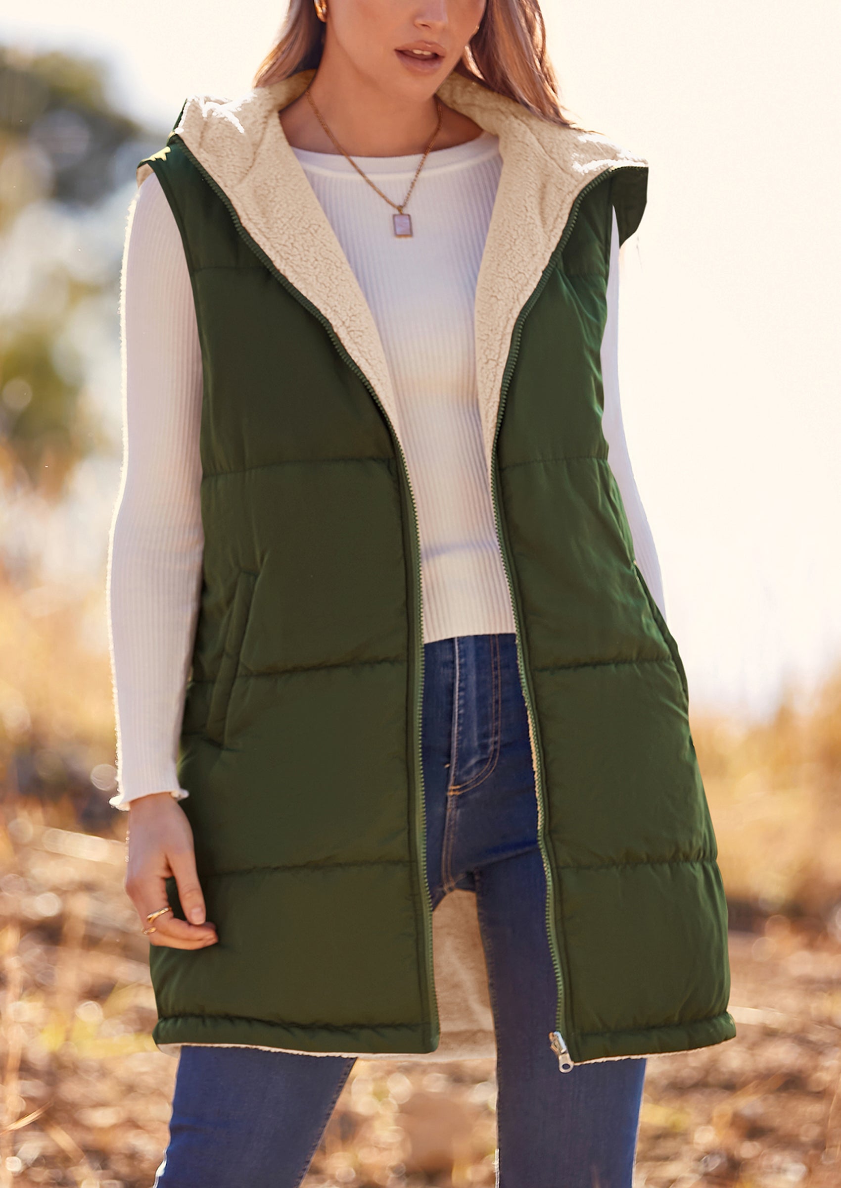 PRETTYGARDEN Womens Fall Reversible Vests Sleeveless Fleece Jacket Zip Up Hoodie Pockets Long Warm Winter Coat Outerwear