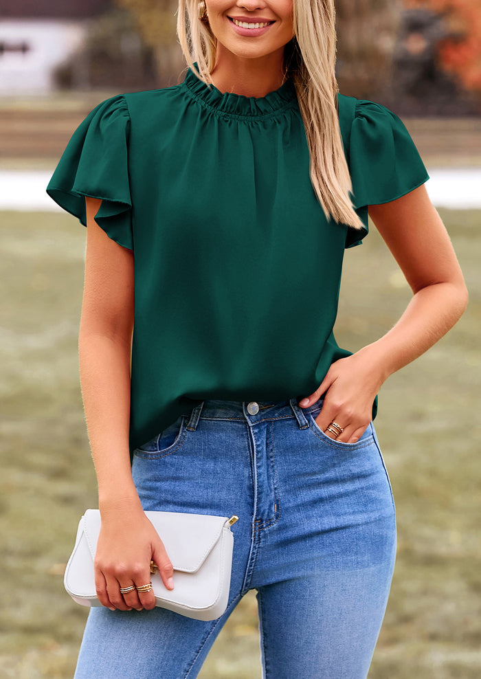 Satin Dressy Casual Ruffle Short Sleeve Crew Neck Work Party Blouses
