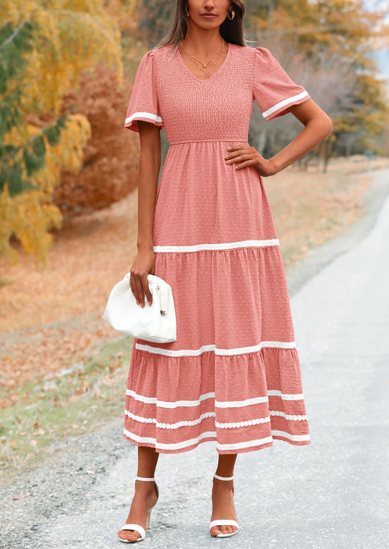 PRETTYGARDEN Women's Casual Summer Maxi Dress Short Sleeve Swiss Dot V Neck Smocked Long Flowy Beach Dresses