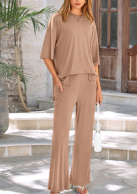 Short Sleeve Pullover Tops And Wide Leg Pants Two Piece Sets