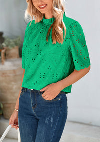 Short Sleeve Eyelet Embroidered Dressy Casual Blouse