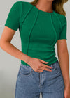 KIRUNDO Ribbed Short Sleeve Tops for Women Summer Casual Crew Neck Cute Crop Basic Tees Slim Fit Exposed Seams T Shirts