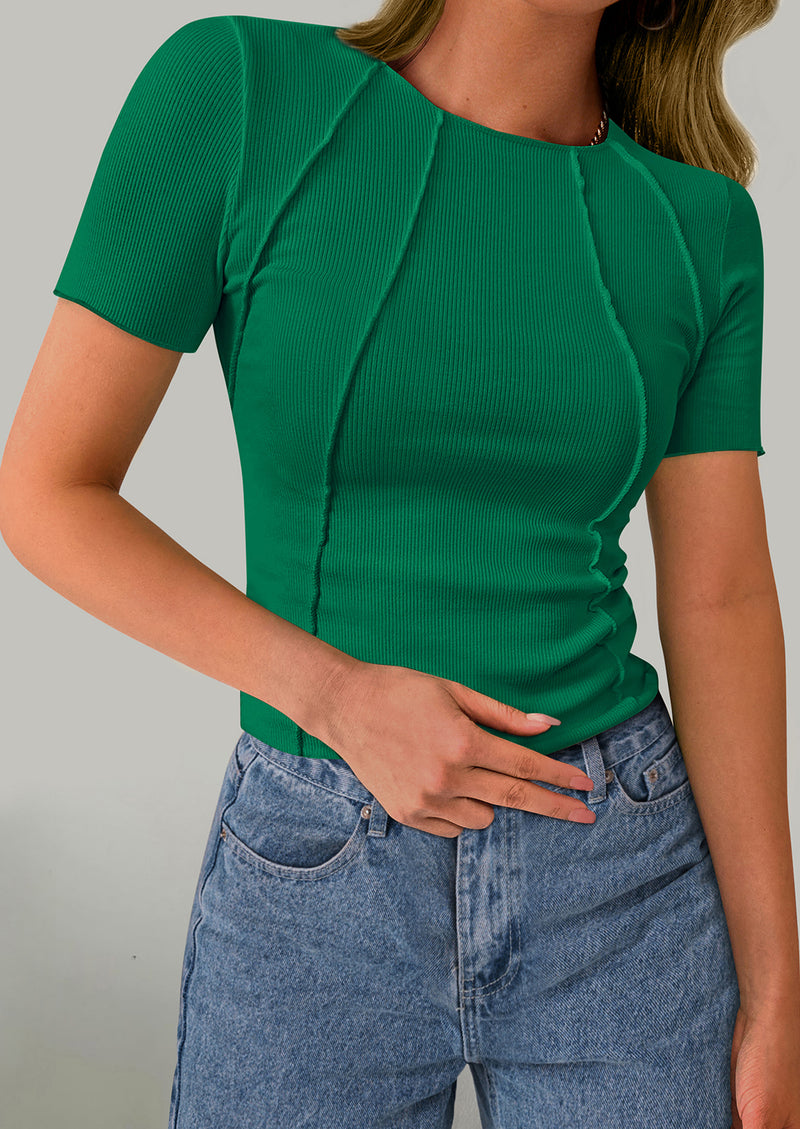 KIRUNDO Ribbed Short Sleeve Tops for Women Summer Casual Crew Neck Cute Crop Basic Tees Slim Fit Exposed Seams T Shirts