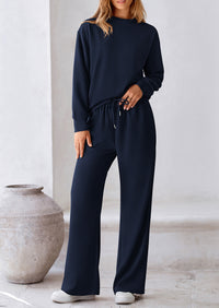 Casual Long Sleeve Pullover Tops and Wide Leg Pants Knitted Two Piece Sets