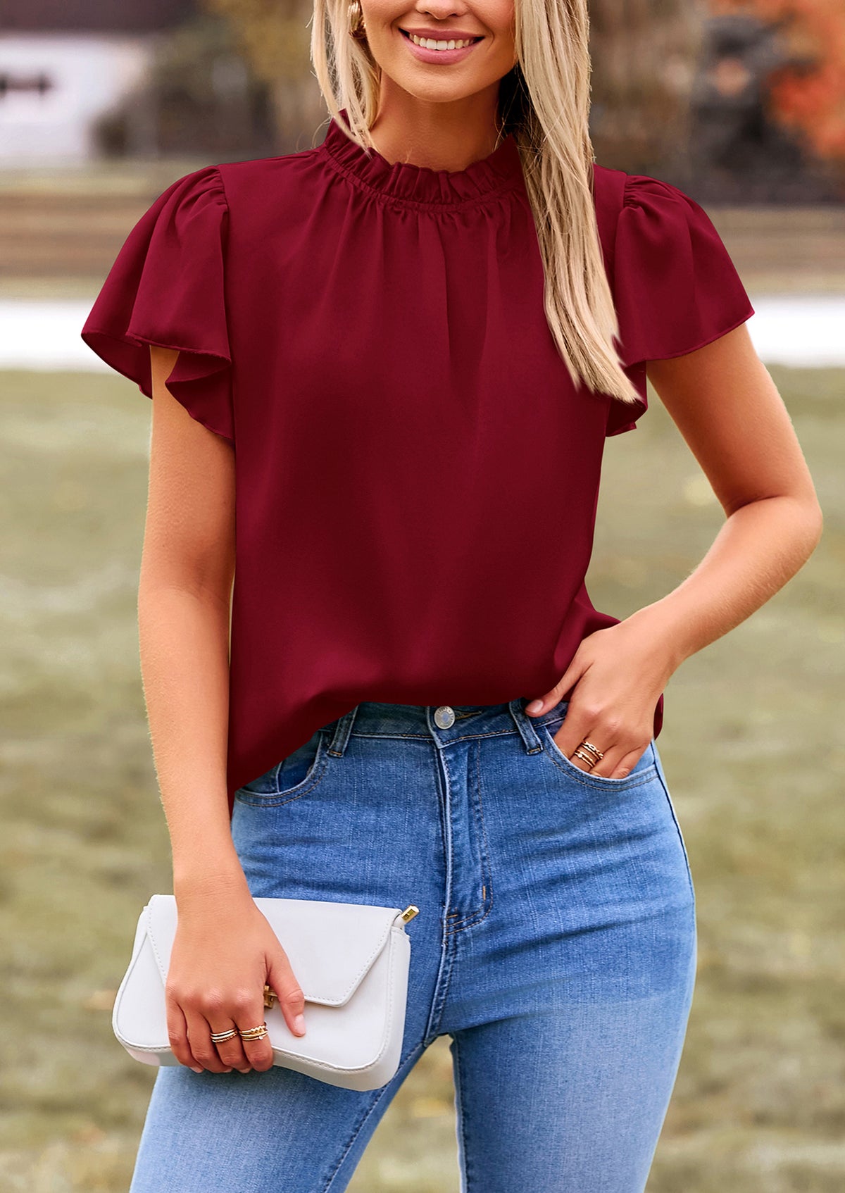 Satin Dressy Casual Ruffle Short Sleeve Crew Neck Work Party Blouses
