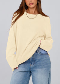 Knit Long Sleeve Crew Neck Split Hem Loose Oversized Tunic Sweaters