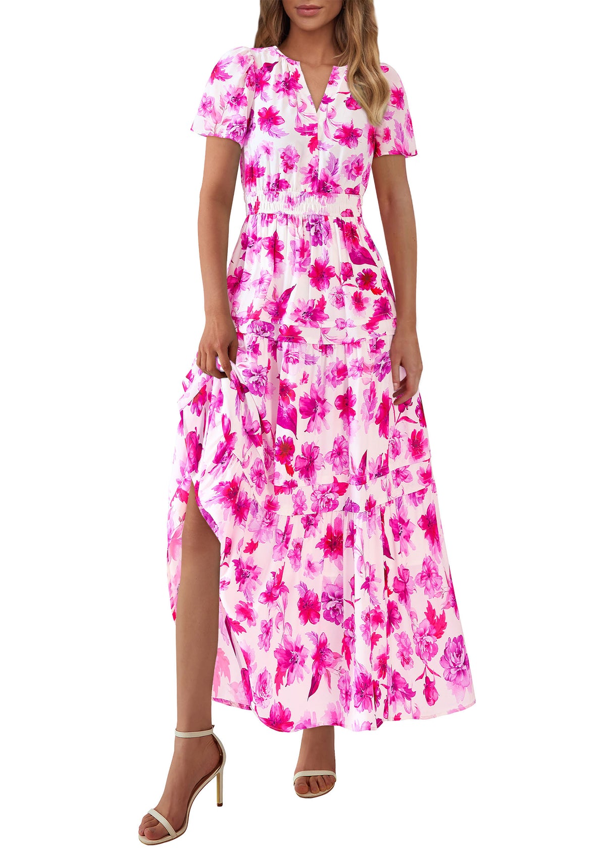 Boho Floral Short Sleeve V Neck A Line Tiered Ruffle Flowy Long Beach Vacation Maxi Dresses