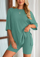Casual Short Sleeved Round Neck Top Paired With Shorts Two-Piece Set