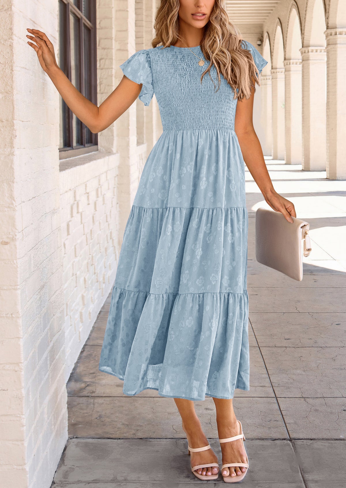 Floral  Summer Cap Sleeve Smocked Ruffle A Line Long Flowy Wedding Guest Midi Dresses