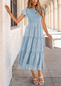Floral  Summer Cap Sleeve Smocked Ruffle A Line Long Flowy Wedding Guest Midi Dresses