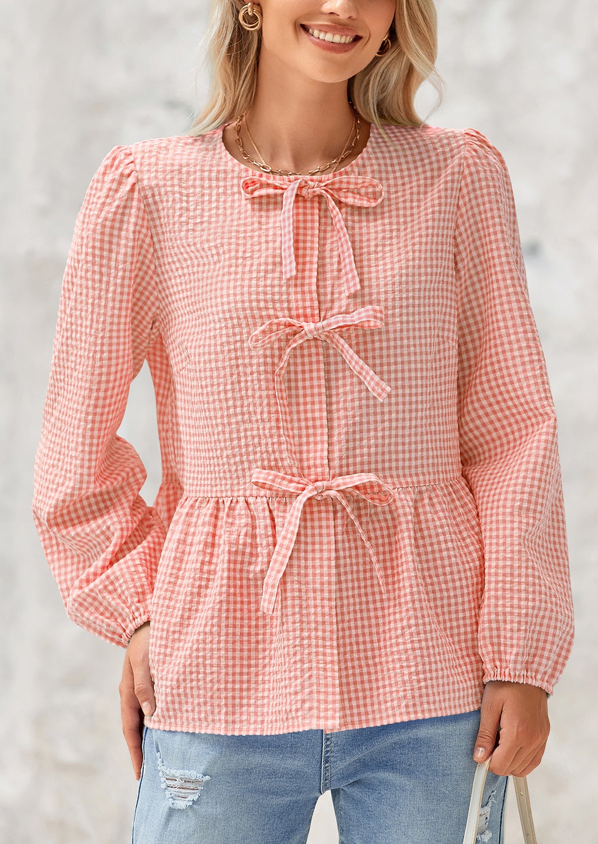 Babydoll Peplum Puff Long Sleeve Bow Tie Front Cute Y2K Blouses