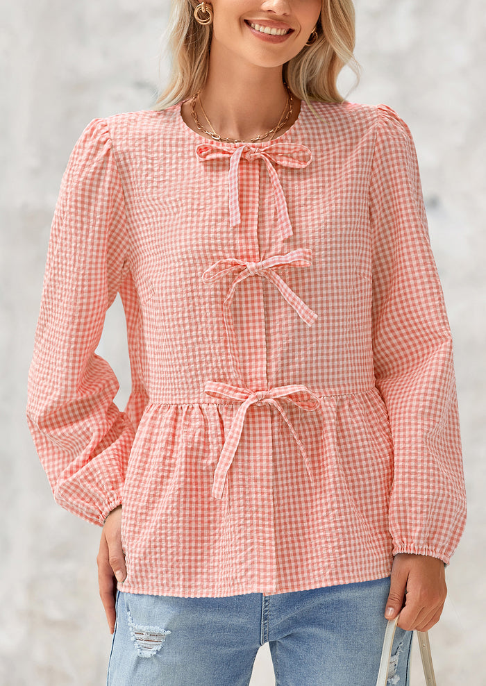Babydoll Peplum Puff Long Sleeve Bow Tie Front Cute Y2K Blouses