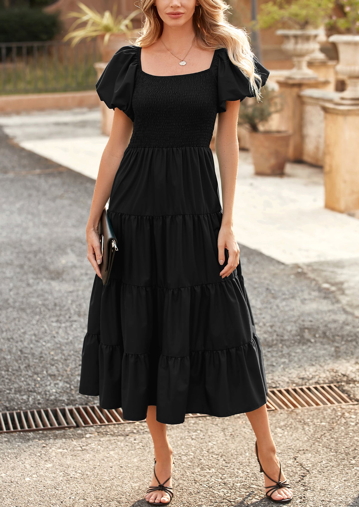 Casual Short Sleeved Square Neck Layered Pleated Dress