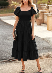 Casual Short Sleeved Square Neck Layered Pleated Dress