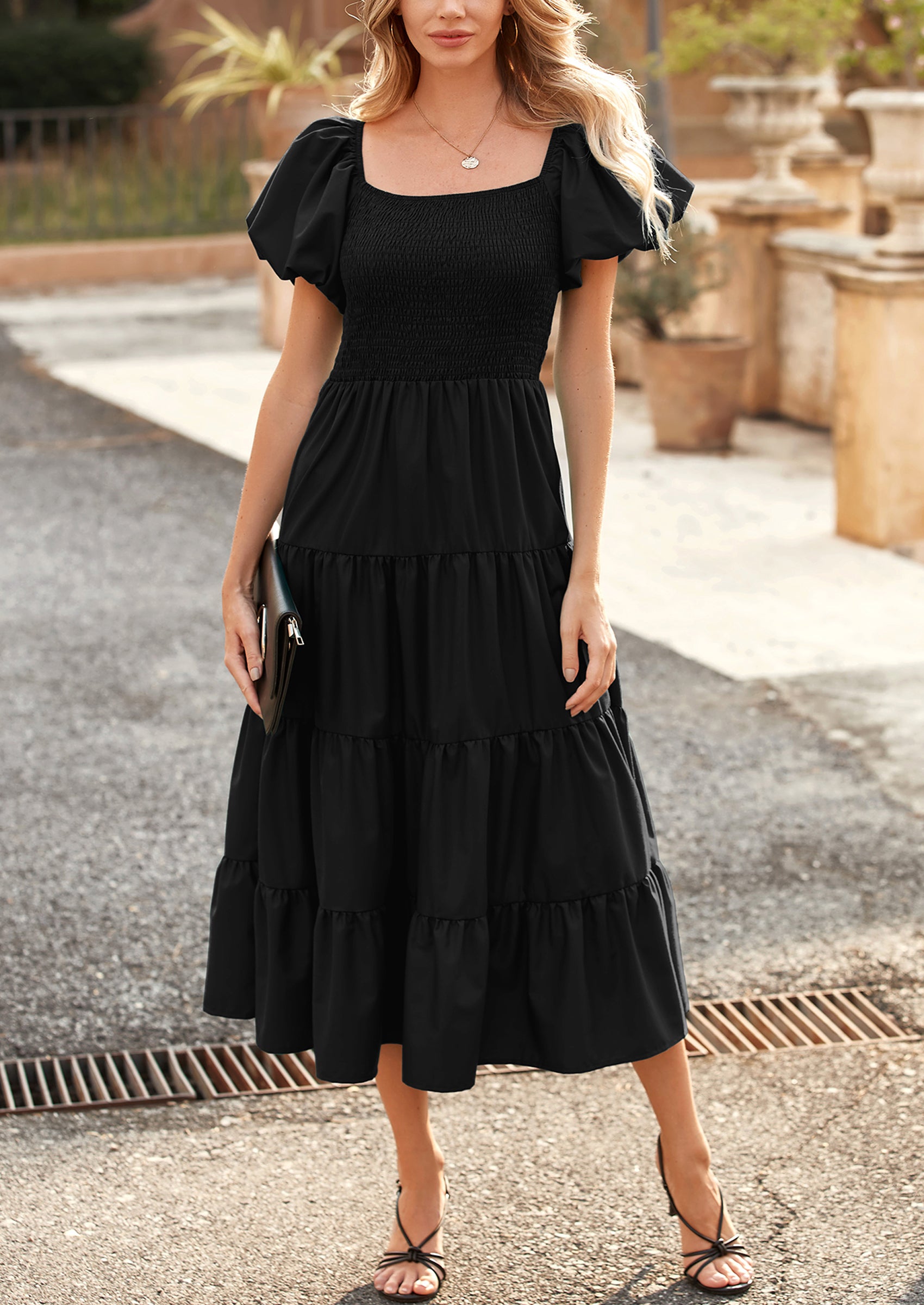 PRETTYGARDEN Casual Square Neck Smocked Tiered Ruffle Midi Dresses