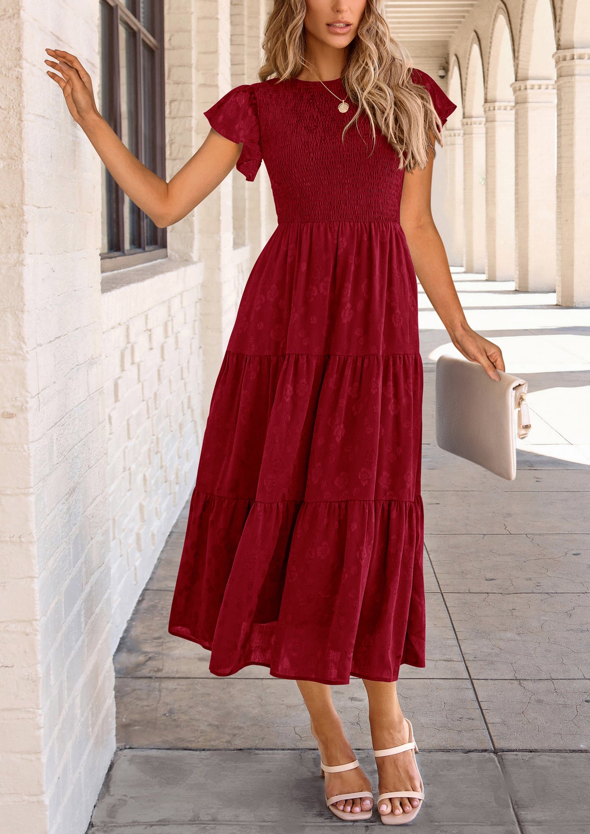Floral  Summer Cap Sleeve Smocked Ruffle A Line Long Flowy Wedding Guest Midi Dresses