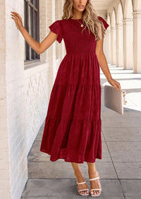 Floral  Summer Cap Sleeve Smocked Ruffle A Line Long Flowy Wedding Guest Midi Dresses